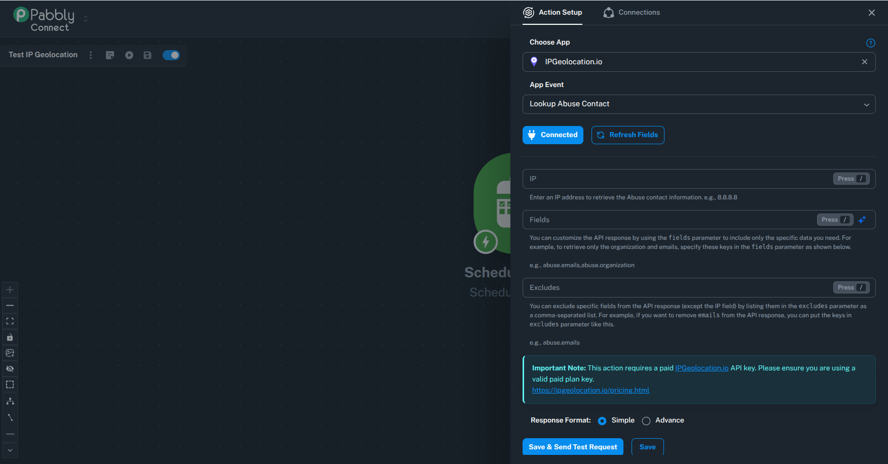 Pabbly Connect Lookup Abuse Contact action setup with input fields
