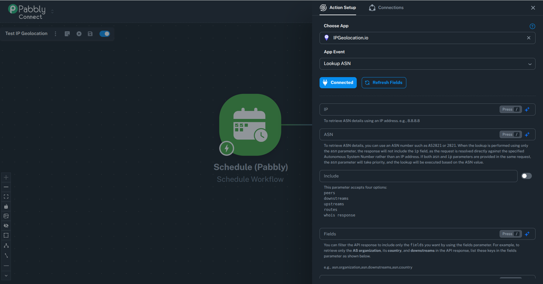 Pabbly Connect Lookup ASN action setup with input fields