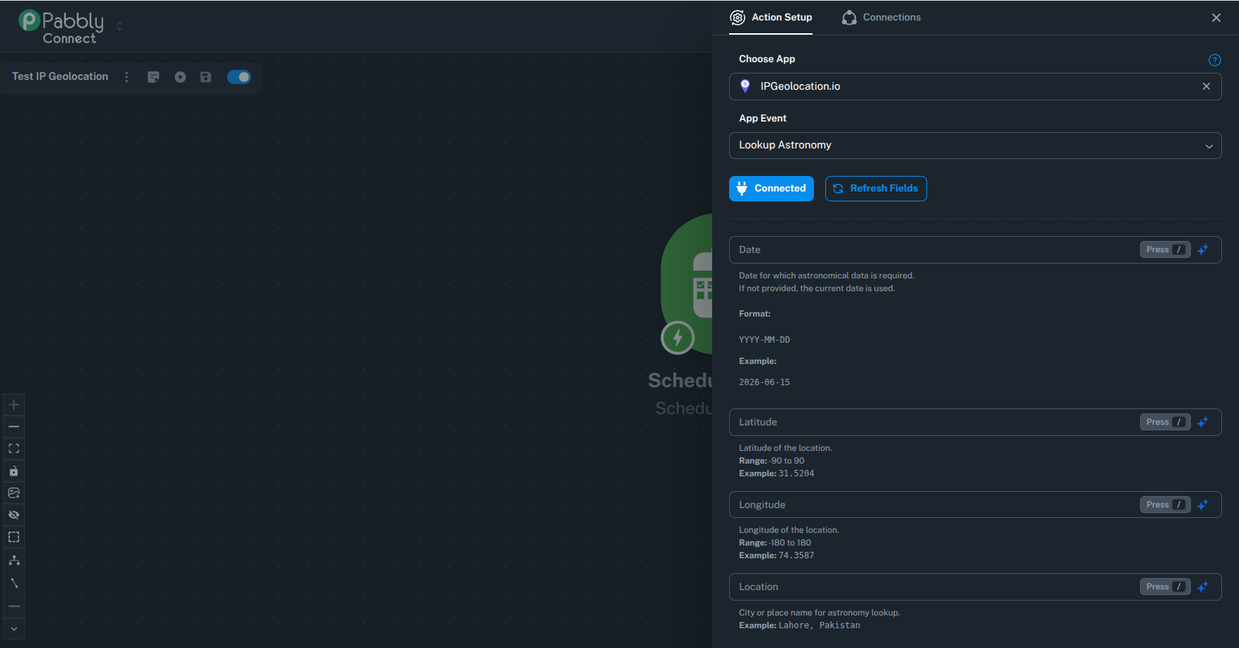 Pabbly Connect Lookup Astronomy action setup with input fields