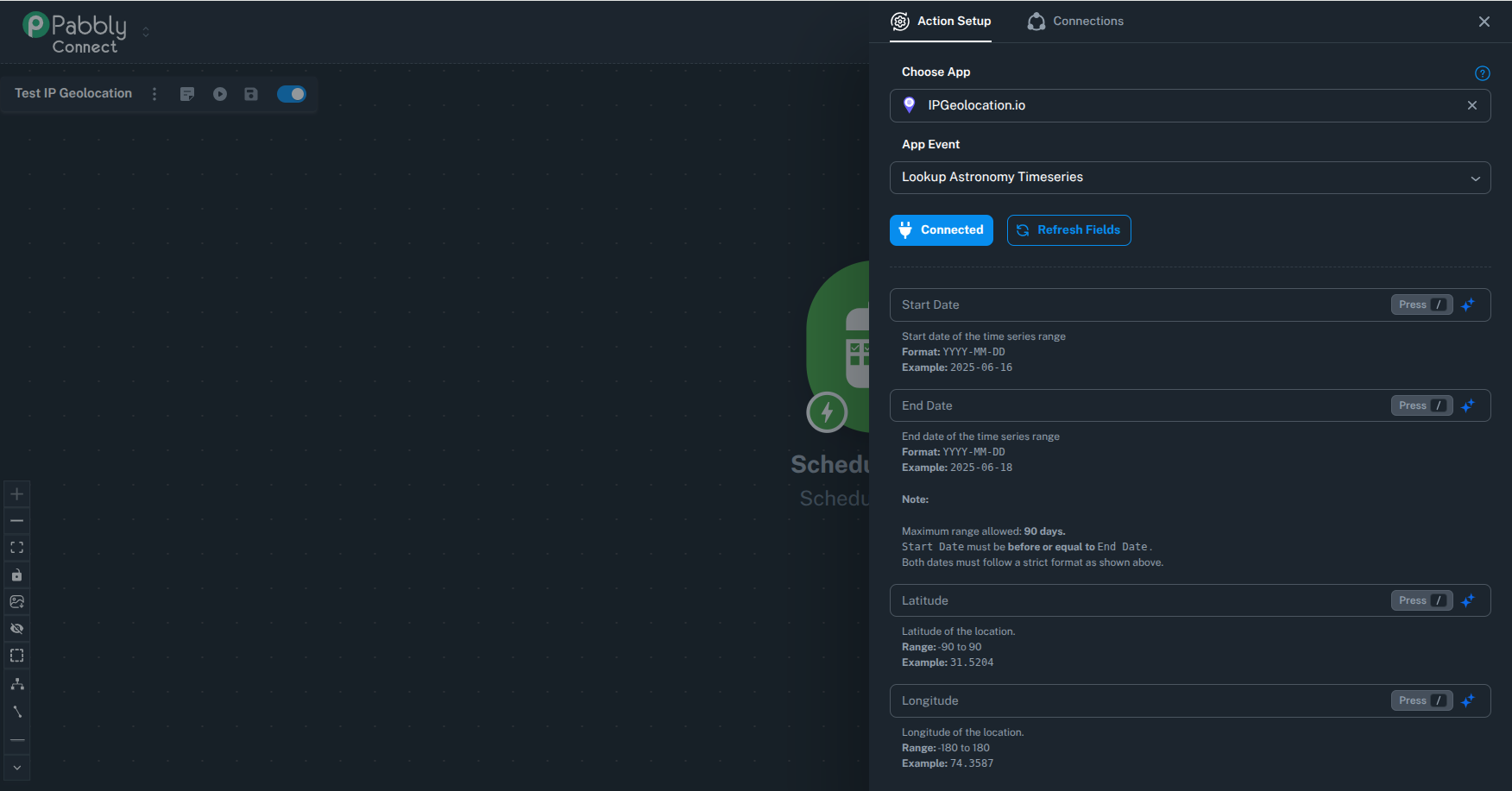 Pabbly Connect Lookup Astronomy Timeseries action setup with input fields