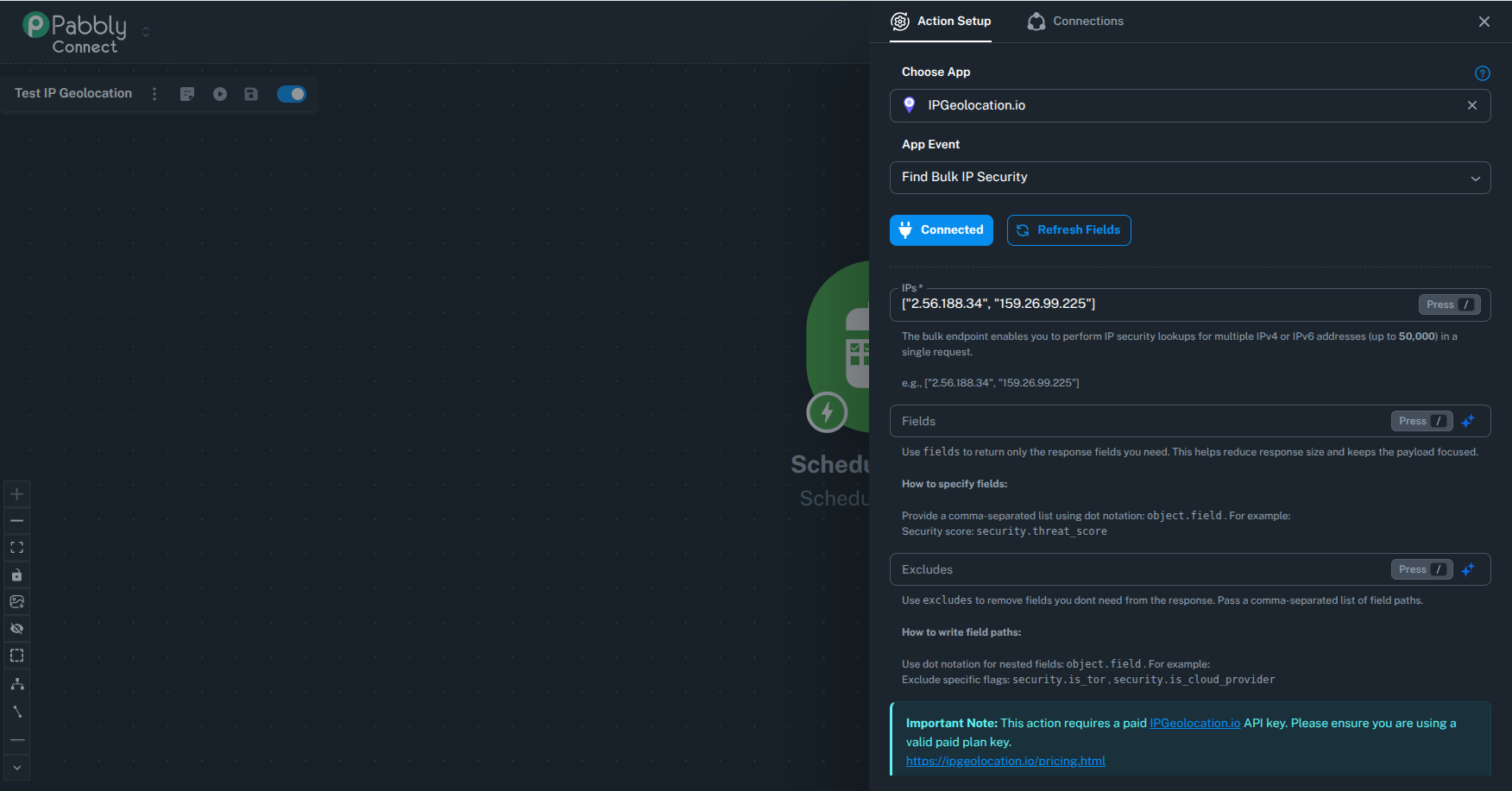 Pabbly Connect Find Bulk IP Security action setup with input fields