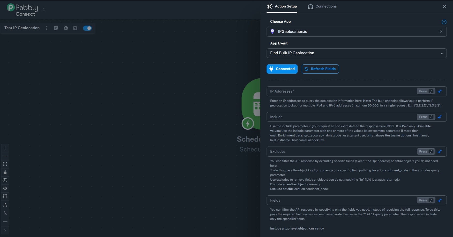 Pabbly Connect Find Bulk IP Geolocation action setup with input fields