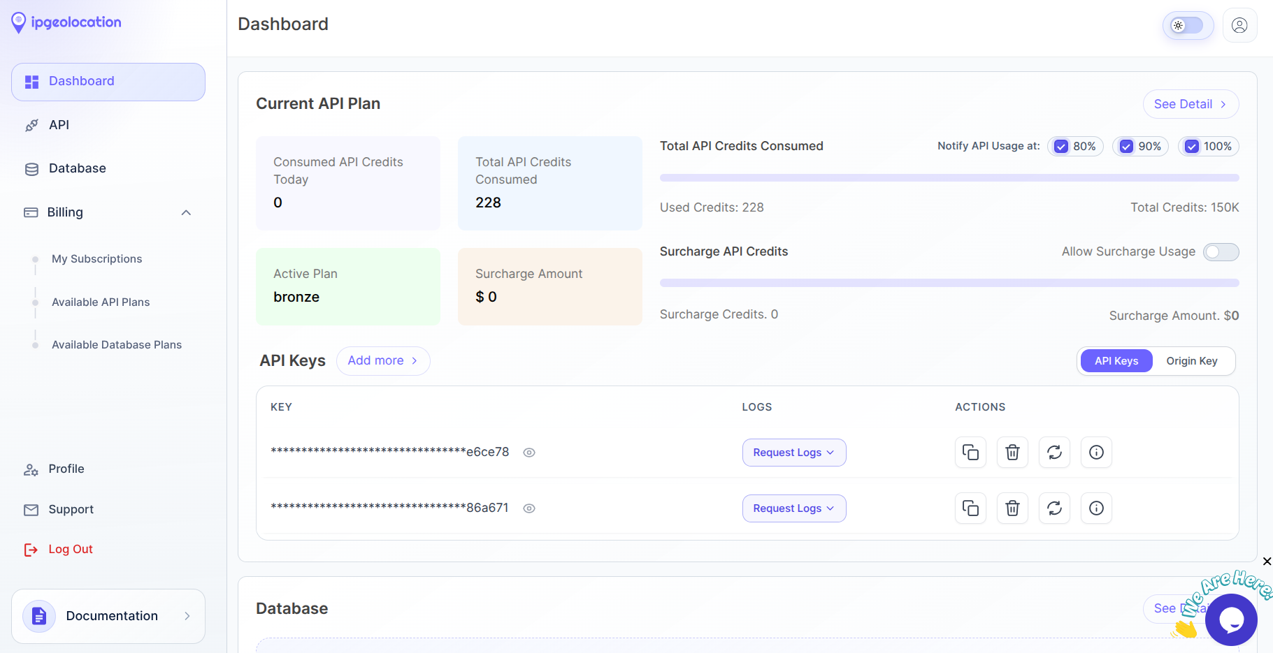 IPGeolocation.io dashboard showing the API Keys section with the copy button