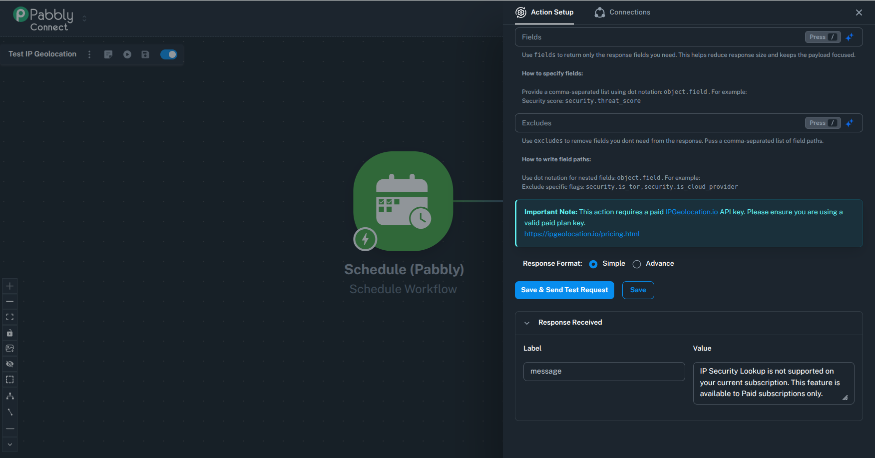 Pabbly Connect response showing a paid subscription requirement for IPGeolocation.io