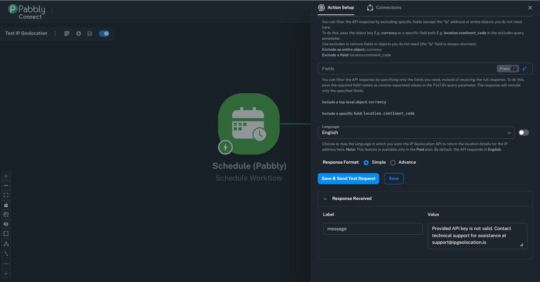 Pabbly Connect response showing an invalid IPGeolocation.io API key message