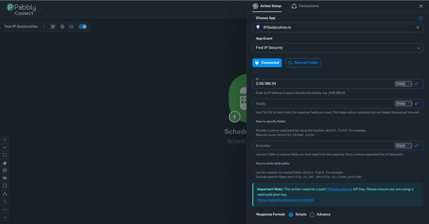 Pabbly Connect Find IP Security action setup with input fields