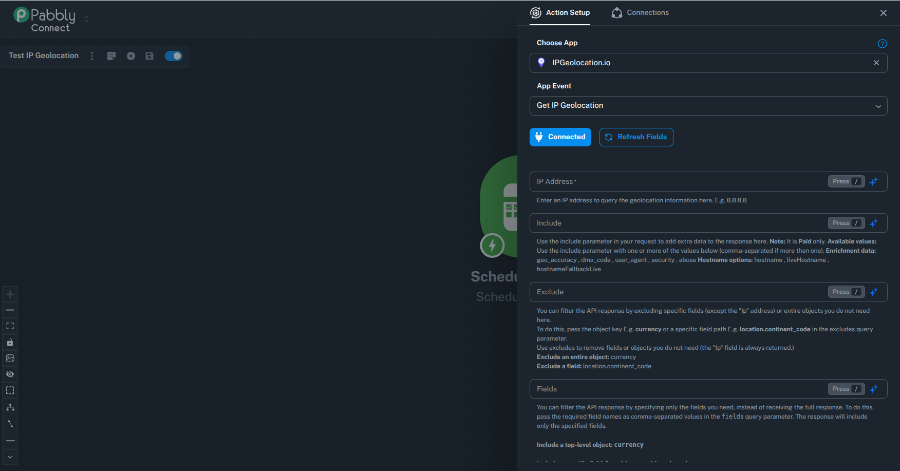 Pabbly Connect Get IP Geolocation action setup with input fields