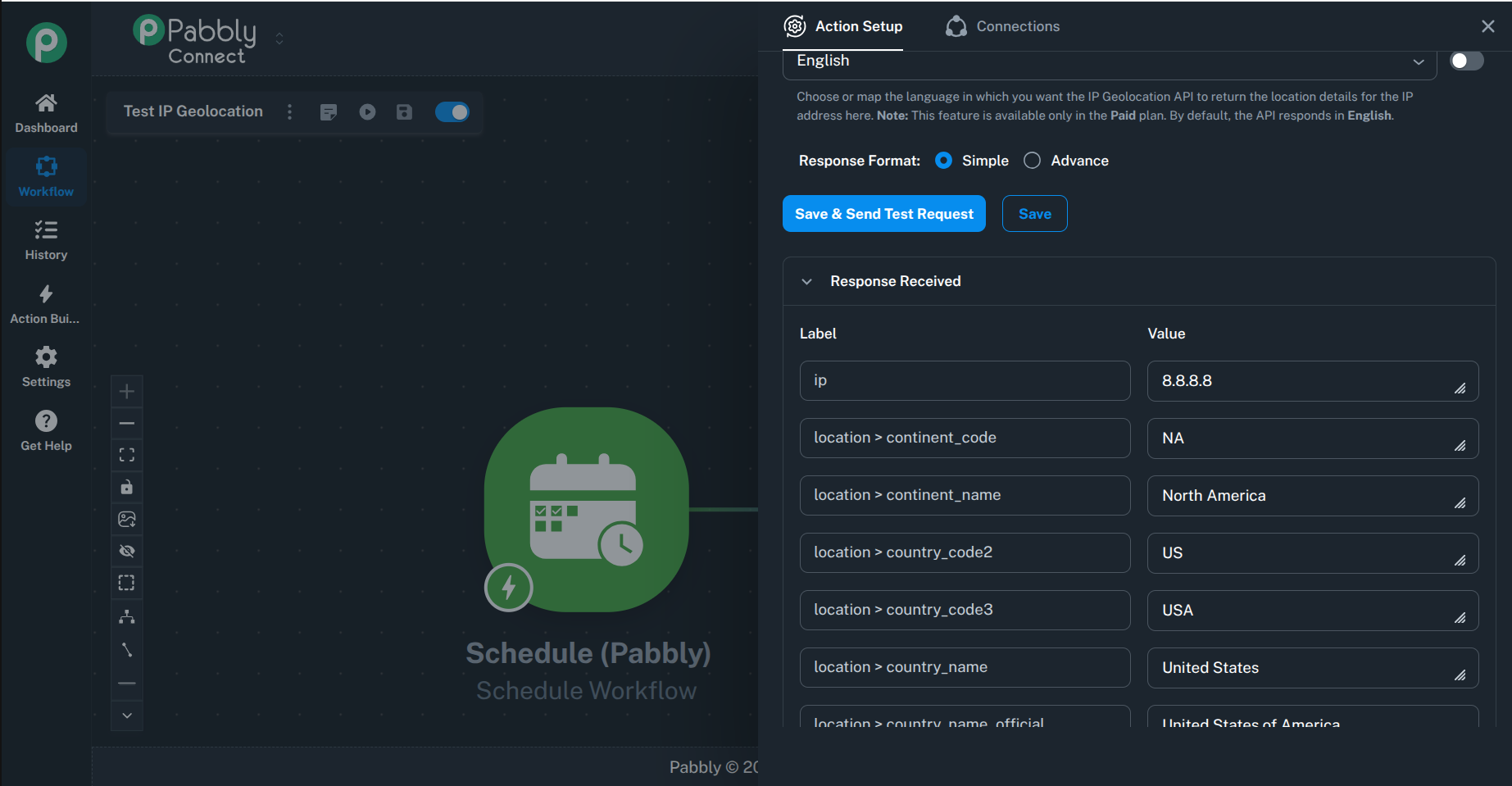 Pabbly Connect Response Received section with IPGeolocation.io geolocation data