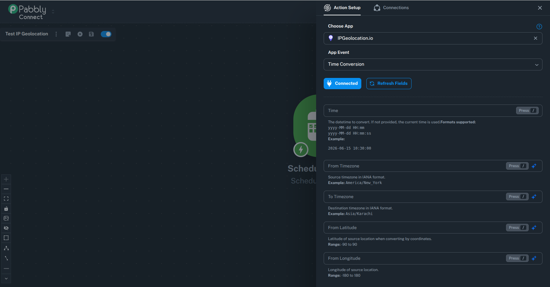 Pabbly Connect Time Conversion action setup with input fields
