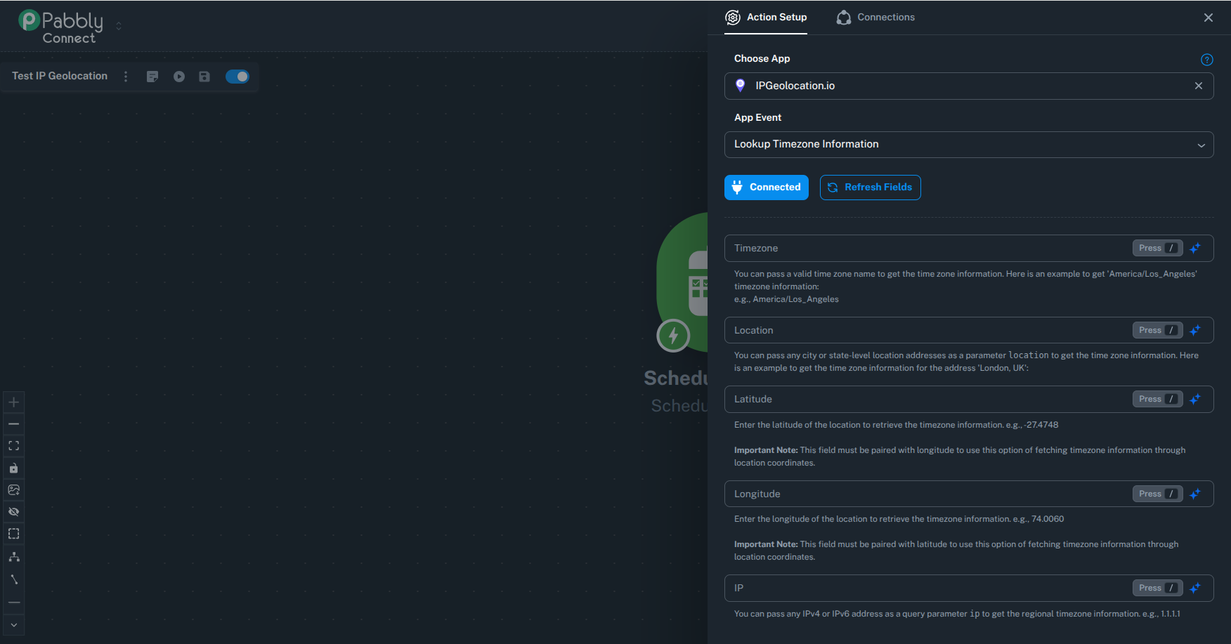 Pabbly Connect Lookup Timezone Information action setup with input fields