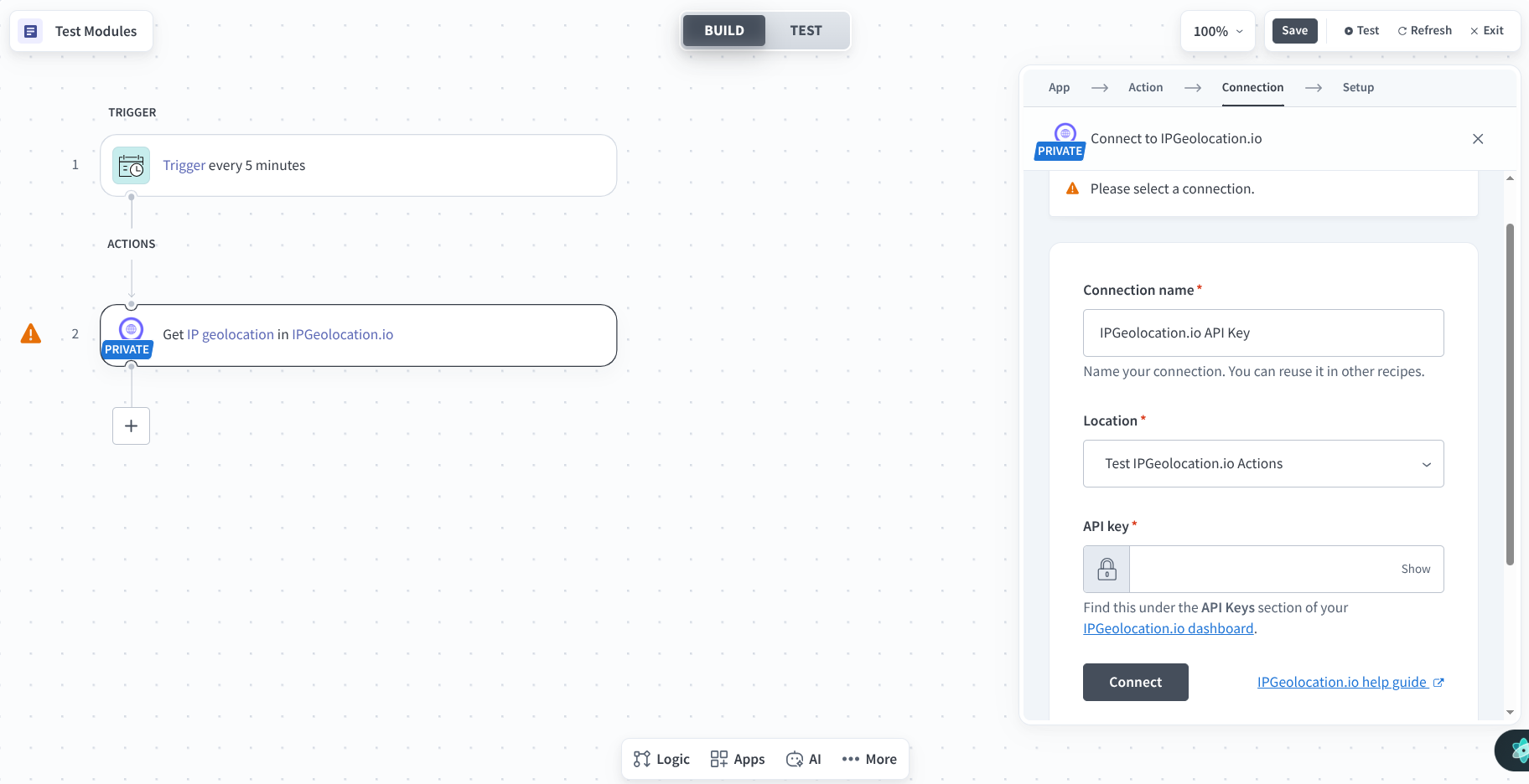 Add a new IPGeolocation.io connection in Workato