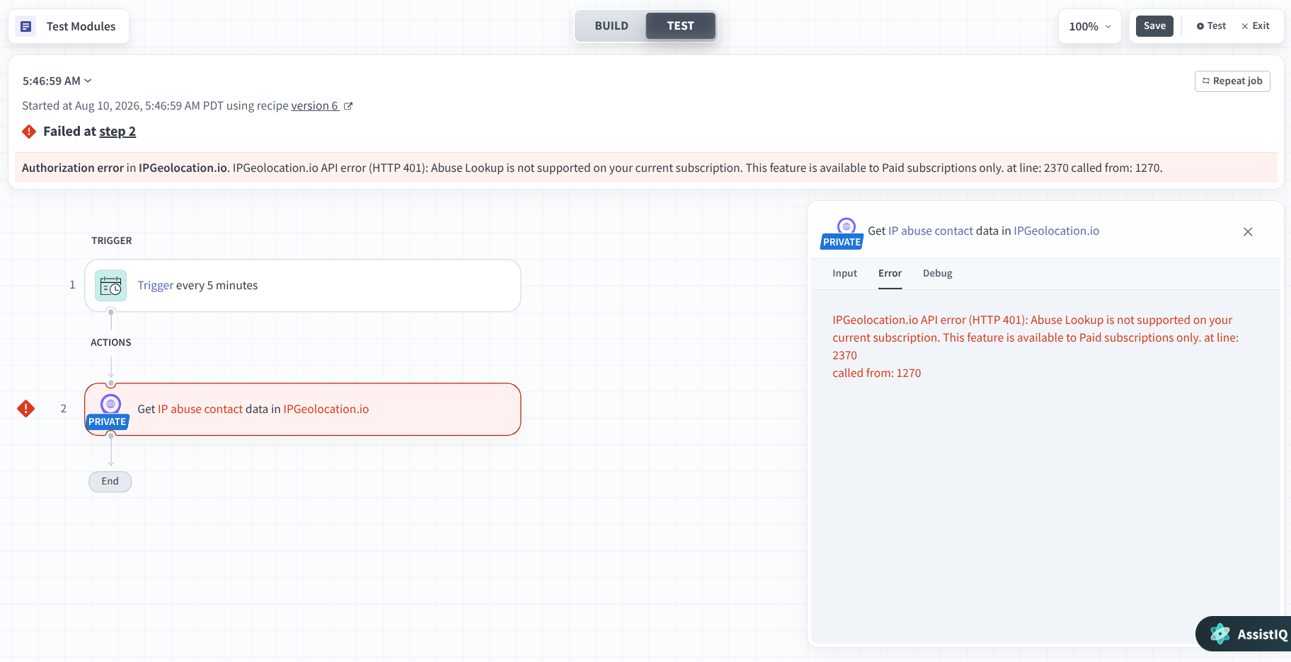 IPGeolocation.io paid action requested by a free API key error in Workato