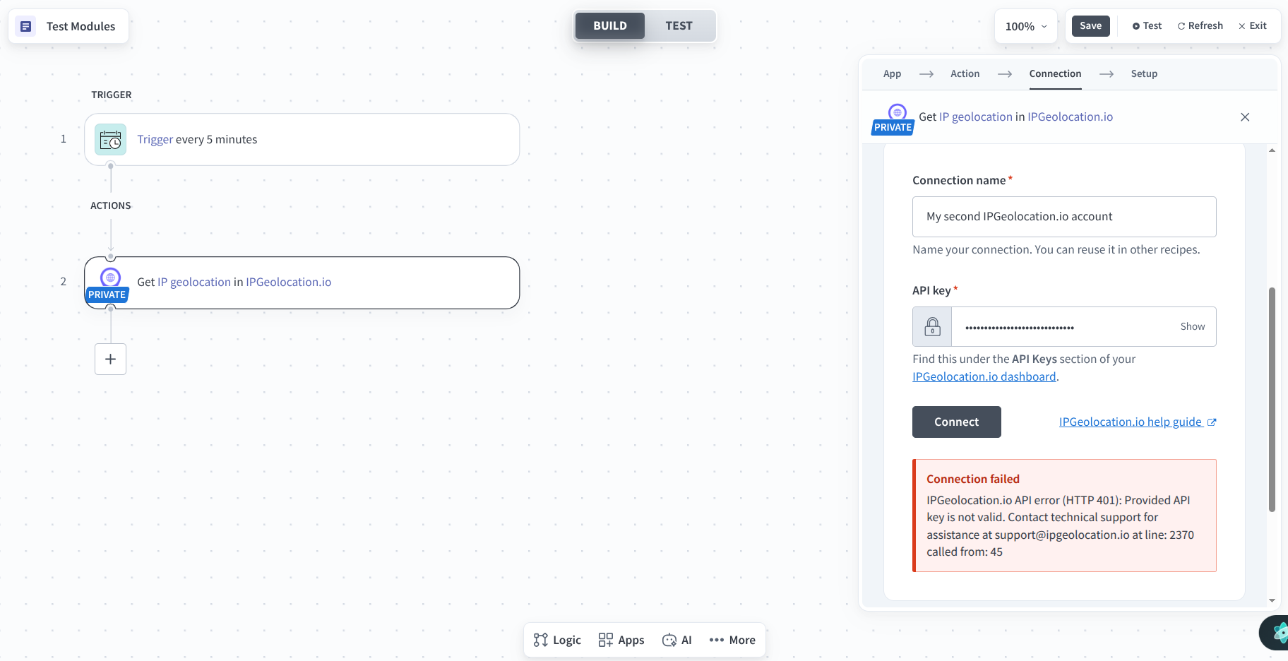 IPGeolocation.io invalid credentials error in Workato