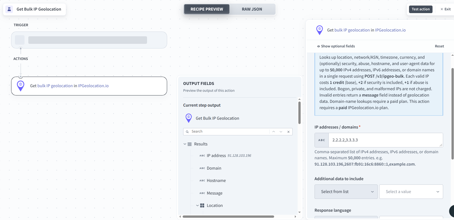 Get Bulk IP Geolocation in Workato