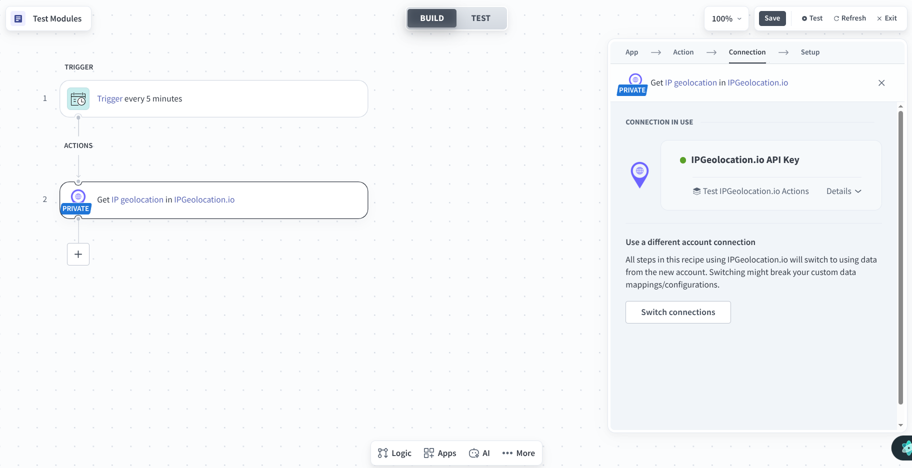 Successful IPGeolocation.io connection confirmation in Workato